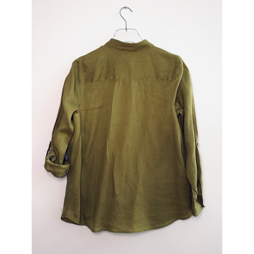 J. Jill Love Linen Olive Green Button Down Shirt Roll Tab Sleeve Moss Small - Picture 2 of 4